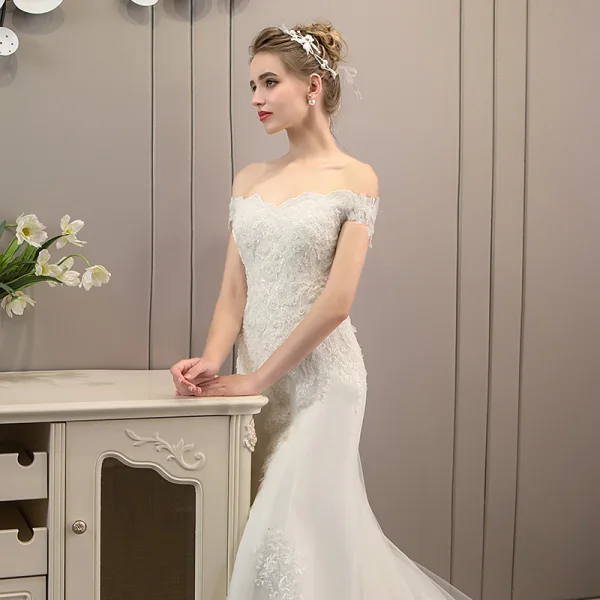 Classy Ivory Wedding Dresses 2019 Backless Trumpet / Mermaid Off-The-Shoulder Beading Pearl Lace Flower Sleeveless Court Train