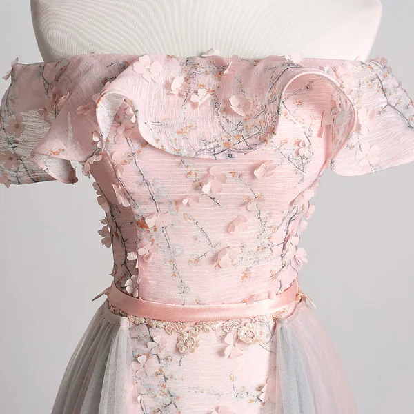 Charmant Rougissant Rose Robe De Soirée 2019 Princesse De l'épaule Appliques En Dentelle Fleur Ceinture Manches Courtes Dos Nu Tribunal Train Robe De Ceremonie