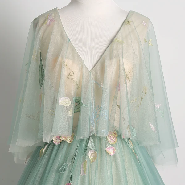Elegant Sage Green Prom Dresses 2019 Ball Gown V-Neck Lace Flower 1/2 Sleeves Backless Floor-Length / Long Formal Dresses