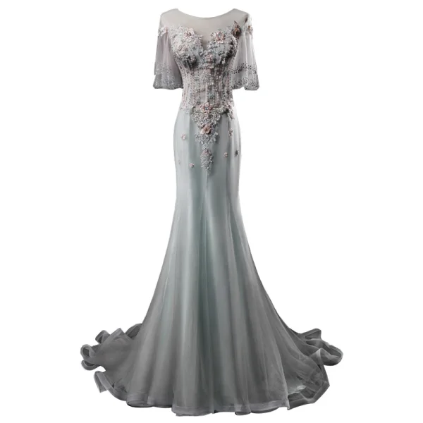 Chic Argenté Vert Cendré Robe De Soirée 2019 Trompette / Sirène Encolure Dégagée Perlage Paillettes En Dentelle Fleur Appliques Perle Manches Courtes Dos Nu Train De Balayage Robe De Ceremonie