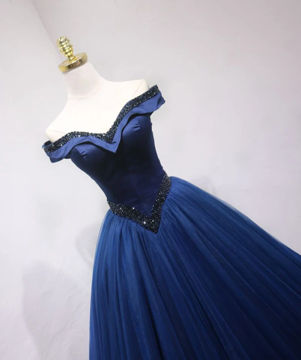 Vintage / Retro Navy Blue Prom Dresses 2019 Ball Gown Off-The-Shoulder Beading Crystal Sleeveless Backless Floor-Length / Long Formal Dresses