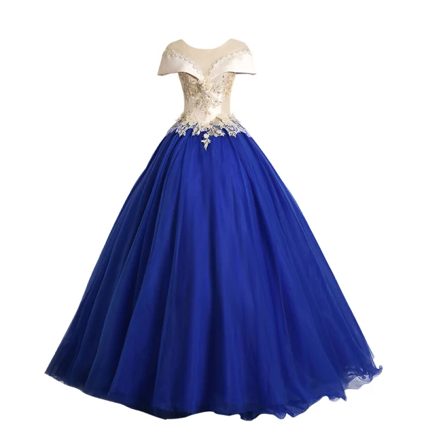 Vintage / Originale Bleu Roi Robe De Bal 2019 Robe Boule Encolure Dégagée Perle En Dentelle Fleur Appliques Mancherons Dos Nu Longue Robe De Ceremonie