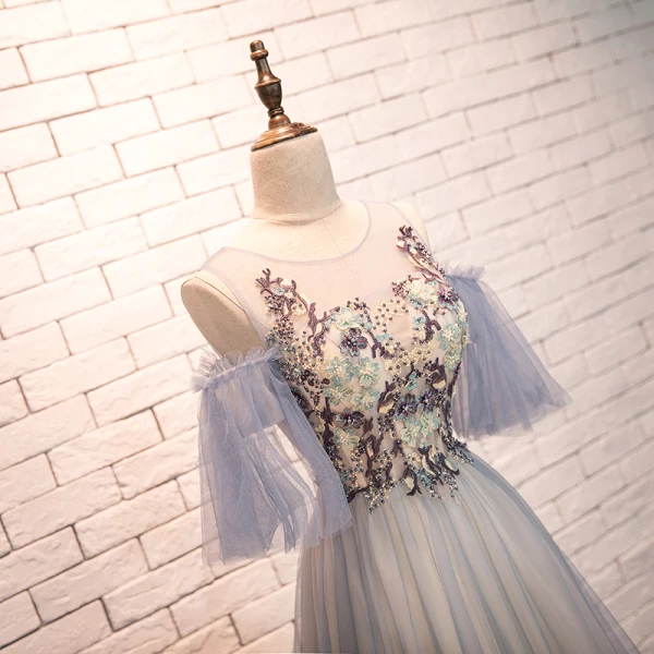 Élégant Bleu Ciel Robe De Soirée 2019 Princesse Encolure Dégagée Perlage En Dentelle Fleur Manches Courtes Dos Nu Longue Robe De Ceremonie