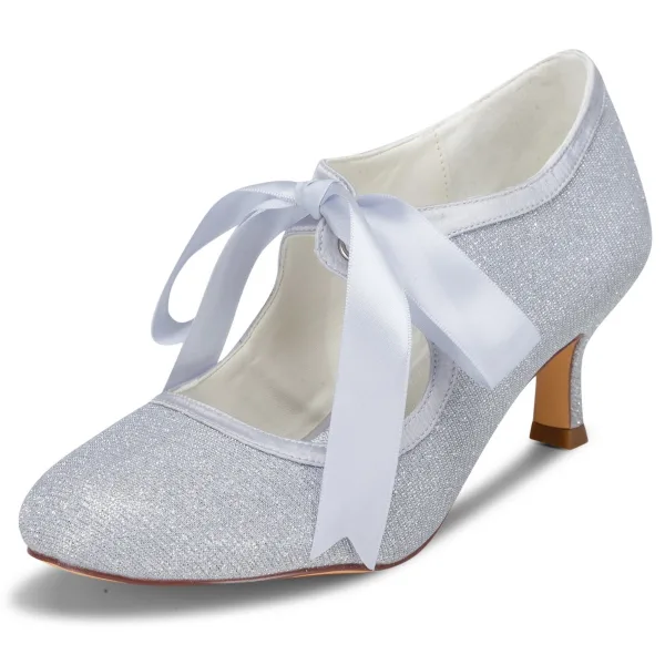 Schlicht Ivory / Creme Satin Spitze Brautschuhe 2021 Schleife 6 cm Stilettos Runde Zeh Hochzeit Pumps Hochhackige