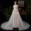 Amazing / Unique Champagne Wedding Dresses 2019 A-Line / Princess Off-The-Shoulder Pearl Lace Flower Short Sleeve Backless Chapel Train
