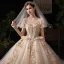 Luxury / Gorgeous Victorian Style Vintage / Retro Champagne Wedding Dresses 2019 Ball Gown Scoop Neck Beading Lace Flower Short Sleeve Backless Royal Train
