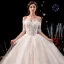 Luxury / Gorgeous Champagne Wedding Dresses 2019 Ball Gown Off-The-Shoulder Beading Sequins Pearl Lace Flower Appliques Short Sleeve Backless Royal Train