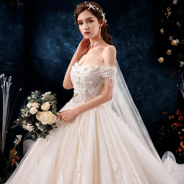 Charming Champagne Wedding Dresses 2019 A-Line / Princess Off-The-Shoulder Beading Tassel Pearl Lace Flower Appliques Short Sleeve Backless Royal Train