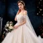 Charming Champagne Wedding Dresses 2019 A-Line / Princess Off-The-Shoulder Beading Tassel Pearl Lace Flower Appliques Short Sleeve Backless Royal Train