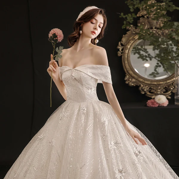 Classy Ivory Wedding Dresses 2019 Ball Gown Off-The-Shoulder Sequins Short Sleeve Backless Royal Train