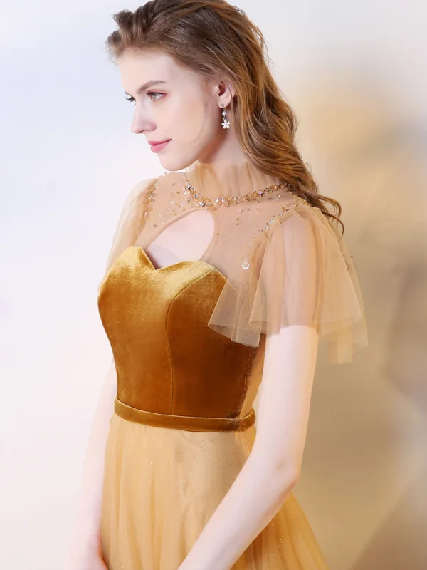 Chic / Beautiful Gold Evening Dresses 2019 A-Line / Princess Suede Scoop Neck Beading Sequins Short Sleeve Floor-Length / Long Formal Dresses