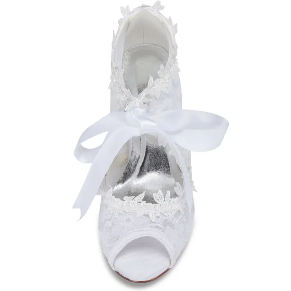 Piękne Białe Satyna Z Koronki Buty Ślubne 2021 Kokarda 6 cm Szpilki Peep Toe Ślub Wysokie Obcasy