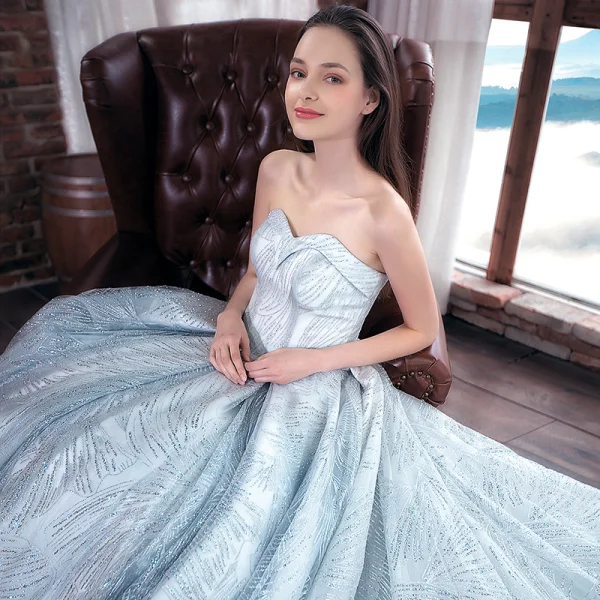 Luksus Sølv Brudekjoler 2018 Prinsesse Glitter Kjæreste Ryggløse Uten Ermer Royal Train Bryllup