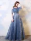 Charmant Océan Bleu Robe De Soirée 2019 Princesse Encolure Dégagée Perlage Cristal Paillettes Manches Courtes Dos Nu Train De Balayage Robe De Ceremonie