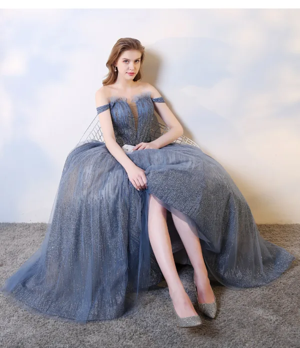 Charmant Meeresblau Abendkleider 2019 A Linie Off Shoulder Perlenstickerei Pailletten Ärmellos Rückenfreies Lange Festliche Kleider