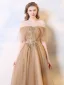 Chic / Beautiful Champagne Evening Dresses  2019 A-Line / Princess Sleeveless Beading Sequins Pearl Crystal Off-The-Shoulder Backless Floor-Length / Long Formal Dresses