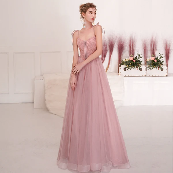 Chic / Belle Rougissant Rose Robe De Soirée 2019 Princesse Bretelles Spaghetti Noeud Perlage Paillettes Sans Manches Dos Nu Longue Robe De Ceremonie