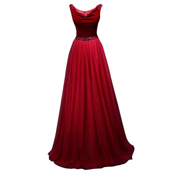 Chic / Belle Bordeaux Robe De Bal 2018 Princesse Cristal Faux Diamant Daim V-Cou Dos Nu Sans Manches Longue Robe De Ceremonie