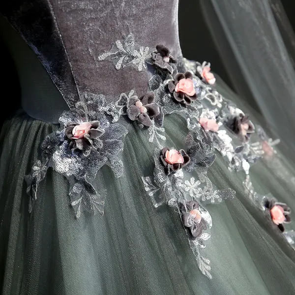 Élégant Gris Robe De Bal 2019 Princesse Encolure Dégagée Paillettes En Dentelle Fleur Manches Longues Dos Nu Longue Robe De Ceremonie