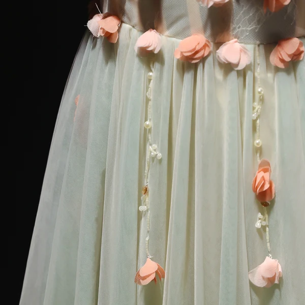 Elegant Sage Green Evening Dresses 2019 A-Line / Princess V-Neck Beading Pearl Appliques Sleeveless Backless Floor-Length / Long Formal Dresses