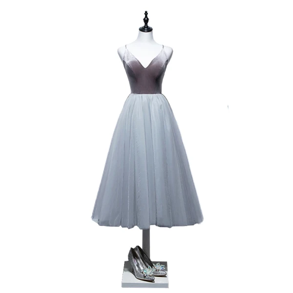 Sexy Grey Evening Dresses 2019 A-Line / Princess Spaghetti Straps Suede Sleeveless Backless Tea-length Formal Dresses