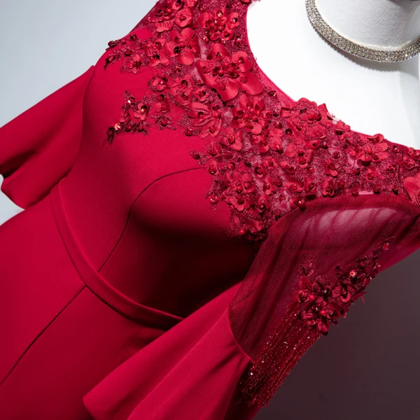 Chic / Beautiful Burgundy Evening Dresses 2019 Trumpet / Mermaid Scoop Neck Beading Sequins Lace Flower Appliques 3/4 Sleeve Backless Floor-Length / Long Formal Dresses