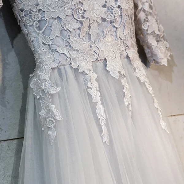 Chic / Beautiful Grey Prom Dresses 2018 A-Line / Princess Lace Appliques V-Neck Backless 1/2 Sleeves Ankle Length Formal Dresses