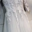 Chic / Beautiful Grey Prom Dresses 2018 A-Line / Princess Lace Appliques V-Neck Backless 1/2 Sleeves Ankle Length Formal Dresses