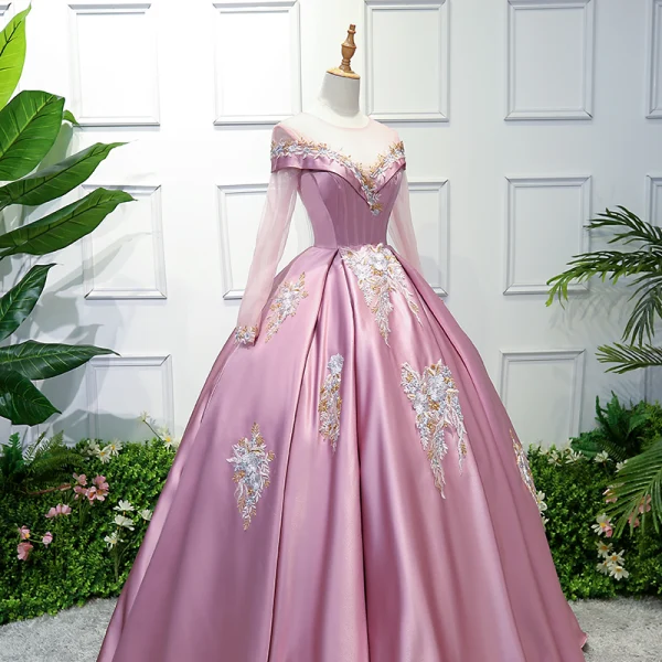 Elegant Candy Pink Prom Dresses 2019 Ball Gown Scoop Neck Lace Flower Long Sleeve Floor-Length / Long Formal Dresses