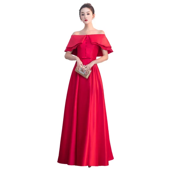 Classy Red Evening Dresses 2019 A-Line / Princess Off-The-Shoulder Bow Short Sleeve Backless Floor-Length / Long Formal Dresses