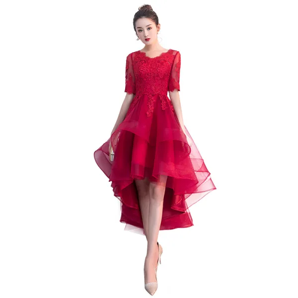 Charming Burgundy Party Dresses 2019 A-Line / Princess Scoop Neck 1/2 Sleeves Lace Flower Asymmetrical Formal Dresses