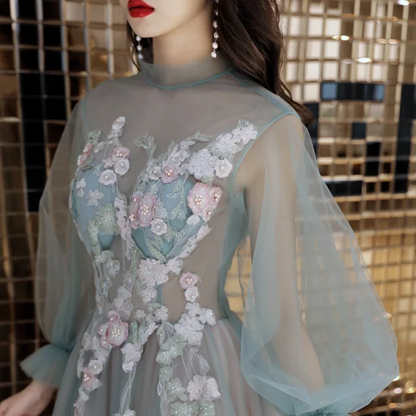 Élégant Vert Cendré Robe De Soirée 2019 Princesse Encolure Dégagée Perlage Perle Faux Diamant En Dentelle Fleur Manches Longues Dos Nu Longue Robe De Ceremonie
