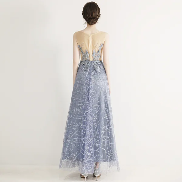 Chic / Belle Bleu Ciel Robe De Soirée 2019 Princesse Encolure Dégagée Perlage En Dentelle Fleur Appliques Faux Diamant Sans Manches Longue Robe De Ceremonie
