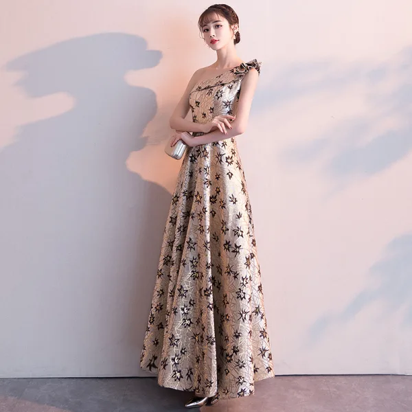 Classy Gold Evening Dresses  2019 A-Line / Princess One-Shoulder Lace Flower Sleeveless Backless Floor-Length / Long Formal Dresses