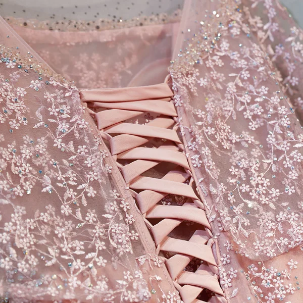 Chic / Belle Rougissant Rose Robe De Bal 2018 Princesse En Dentelle Fleur Cristal Faux Diamant Encolure Dégagée Dos Nu Manches Courtes Longueur Cheville Robe De Ceremonie