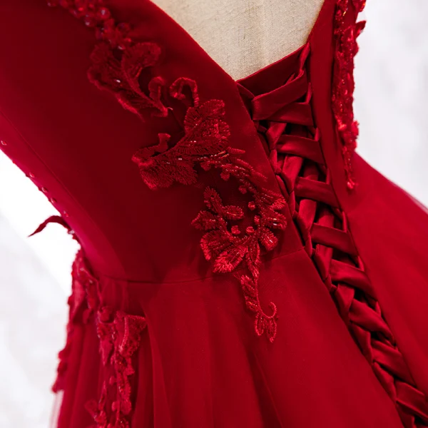 Chic / Belle Bordeaux Robe De Soirée 2019 Princesse V-Cou Perlage Cristal En Dentelle Fleur Sans Manches Dos Nu Longue Robe De Ceremonie