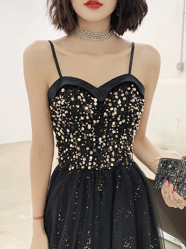 Modern / Fashion Black Gold Evening Dresses  2019 A-Line / Princess Spaghetti Straps Sequins Sleeveless Backless Floor-Length / Long Formal Dresses