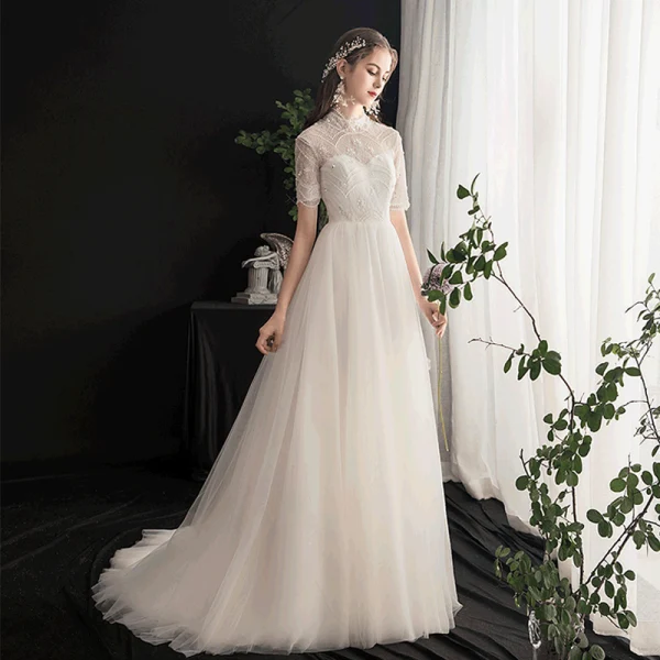 Chic / Belle Champagne Robe De Mariée 2019 Princesse Col Haut Perlage Paillettes Perle En Dentelle Fleur Manches Courtes Dos Nu Train De Balayage