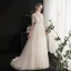 Chic / Belle Champagne Robe De Mariée 2019 Princesse Col Haut Perlage Paillettes Perle En Dentelle Fleur Manches Courtes Dos Nu Train De Balayage