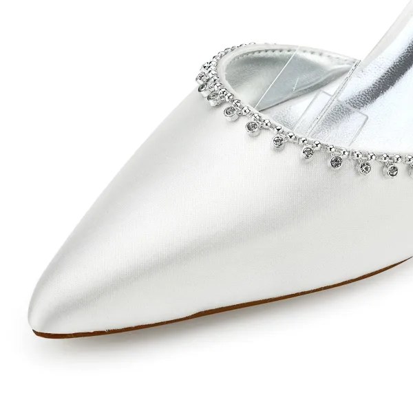 Enkla Elfenben Satin Brudskor 2021 Rhinestone Ankelband 5 cm Stilettklackar Spetsiga Bröllop Sandaler Högklackade
