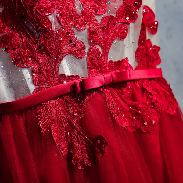 Chic / Belle Bordeaux Robe De Bal 2018 Princesse En Dentelle Appliques Cristal Faux Diamant Paillettes Noeud Encolure Dégagée Dos Nu Sans Manches Longueur Cheville Robe De Ceremonie