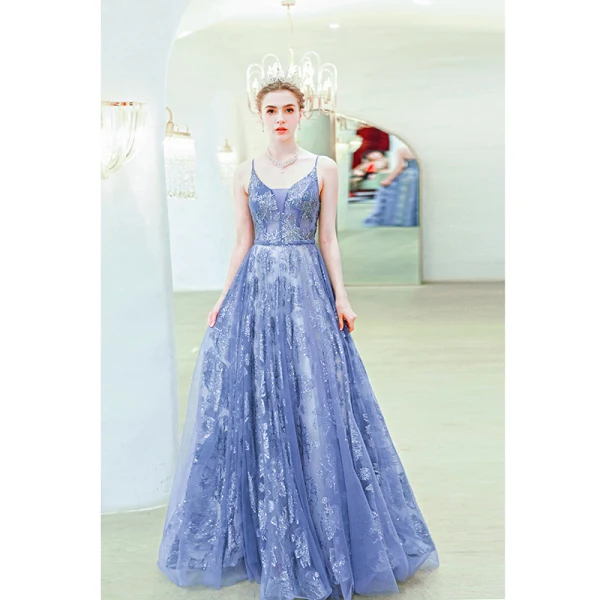 Chic / Beautiful Ocean Blue Evening Dresses 2019 A-Line / Princess Spaghetti Straps Beading Crystal Lace Flower Sleeveless Backless Floor-Length / Long Formal Dresses