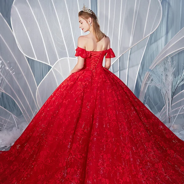 Stunning Red Wedding Dresses 2019 A-Line / Princess Off-The-Shoulder Beading Pearl Sequins Lace Flower Short Sleeve Backless Royal Train