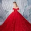Stunning Red Wedding Dresses 2019 A-Line / Princess Off-The-Shoulder Beading Pearl Sequins Lace Flower Short Sleeve Backless Royal Train
