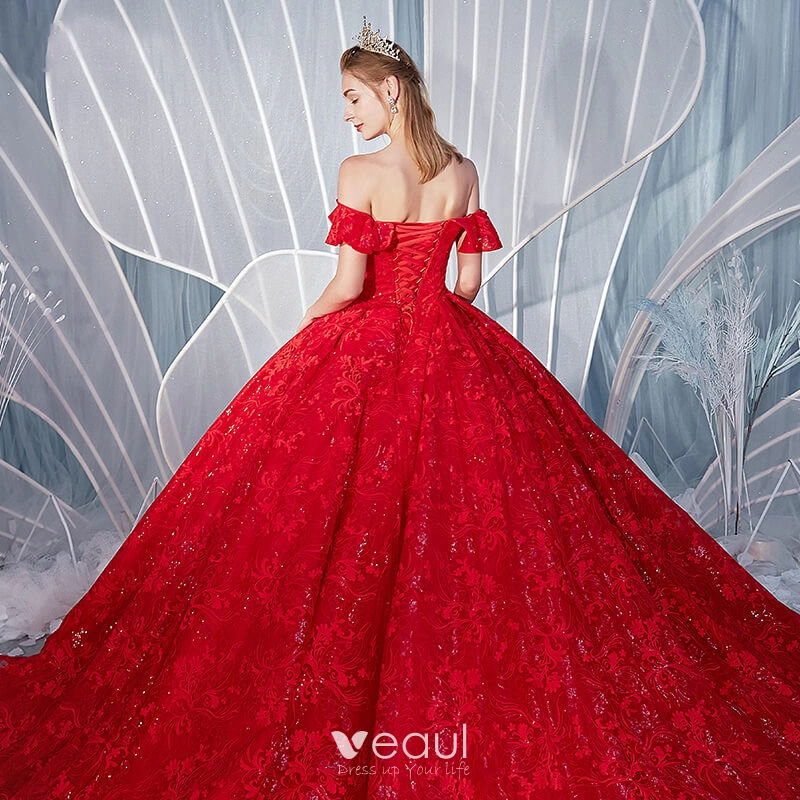 Stunning Red Wedding Dresses 2019 A Line Princess Off The Shoulder Beading Pearl Sequins Lace Flower