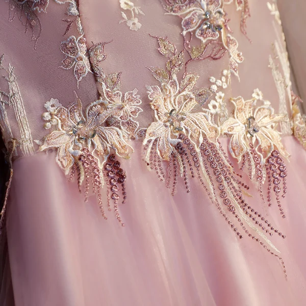 Chic / Belle Rose Bonbon Robe De Soirée 2018 Princesse En Dentelle Appliques Cristal Encolure Dégagée Dos Nu Sans Manches Longue Robe De Ceremonie