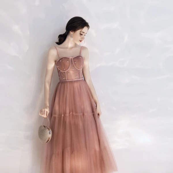 Chic / Belle Champagne de retour Robe De Graduation 2019 Princesse Corset  Bretelles Spaghetti Perle Paillettes Sans Manches Dos Nu Longueur Cheville Robe De Ceremonie