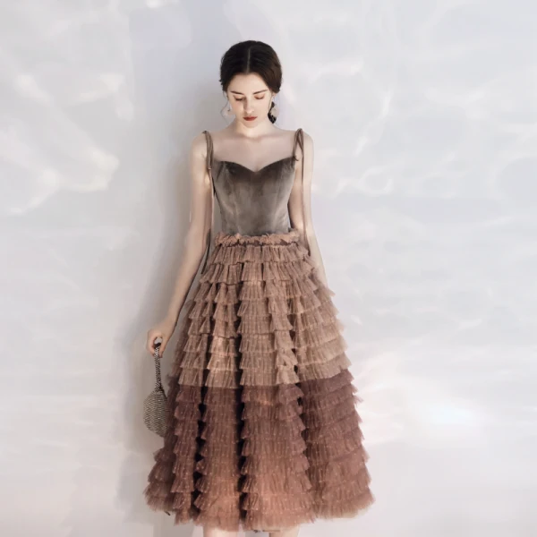 Chic / Beautiful Brown Ruffle Homecoming Graduation Dresses 2019 A-Line / Princess Suede Spaghetti Straps Sleeveless Backless Tea-length Formal Chic / Beautiful Brown Ruffle Homecoming Graduation Dresses 2019 A-Line / Princess Suede Spaghetti Straps Sleeveless Backless Tea-length Formal