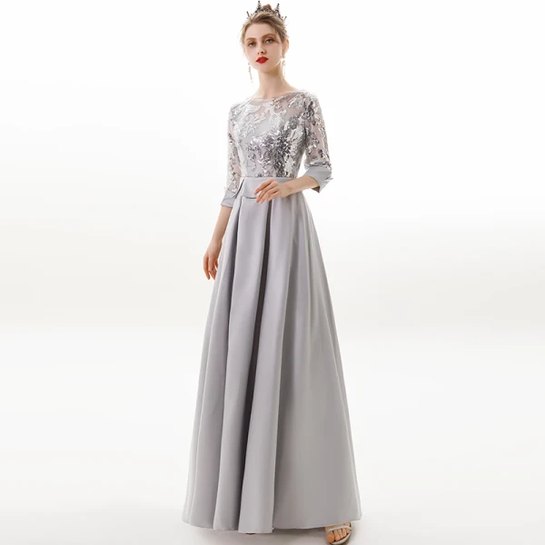 Modern / Fashion Silver Evening Dresses  2019 A-Line / Princess Scoop Neck Sequins 3/4 Sleeve Backless Floor-Length / Long Formal Dresses
