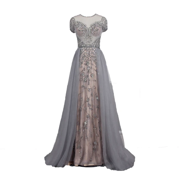 High End Grau Abendkleider 2019 A Linie Rundhalsausschnitt Handgefertigt Perlenstickerei Kristall Strass Kurze Ärmel Sweep / Pinsel Zug Festliche Kleider